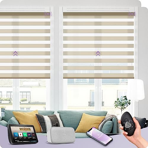 Graywind Elektrische Doppelrollo nach Maß, Wiederaufladbar Smart Duo Rollo Kompatibel mit Alexa Google, Fernbedienung Fensterrollo, Elektrische Jalousien Lichtdurchlässig und Verdunkelnd, Beige