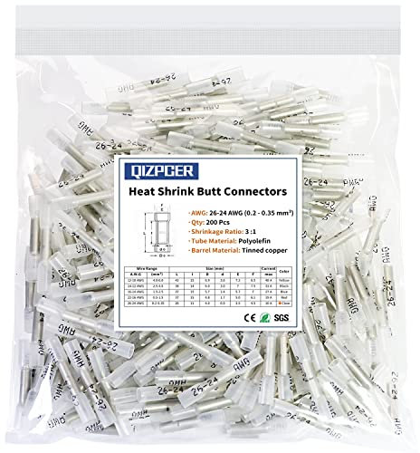 Heat Shrink Butt Connectors, 200 Pcs Clear 26-24 AWG Insulated Waterproof Electrical Heat Shrink Wire Connectors Automotive Marine Wire Crimp Terminals Butt Splices for Boat, Car