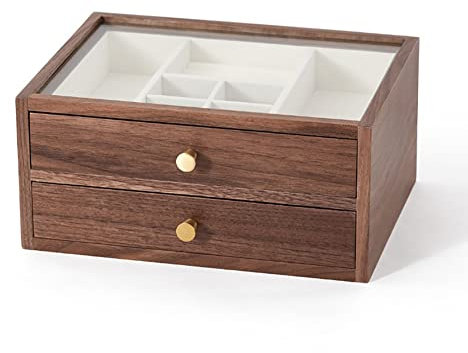 XFHuanHai Schmuckkästchen, Schmuckkasten, hölzern Schmuckbox mit Glasdeckel, 2 Schubladen, Schmuckaufbewahrung, viel Stauraum, Geschenk für Ihre Liebsten