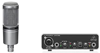 Audio-Technica AT2020 Cardioid Condenser Microphone (XLR connection) for voiceover, podcasting & Behringer U-PHORIA UMC22 Audiophile 2x2 USB Audio Interface with Midas Mic Preamplifier