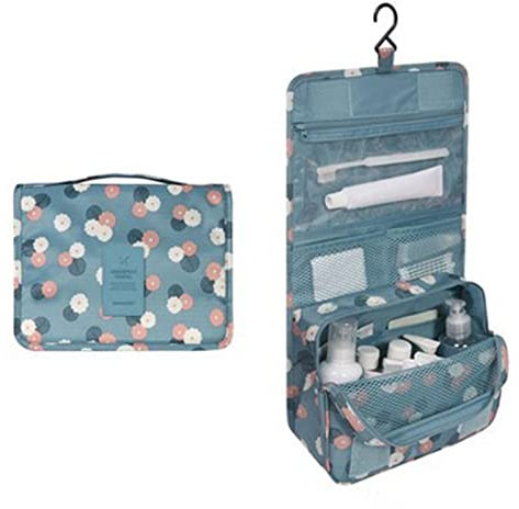 Travel Hanging Toiletry Wash Bag Makeup Cosmetic Organizer Hanging Toiletry Bags for Women, Waterproof Multifunctional Cosmetics Storage Bag for Girls Men (Blue Flowers)
