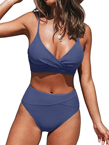 CUPSHE Damen Bikini Set Crossover Raffungen High Waist Bikini Bademode Wickeloptik V Ausschnitt Zweiteiliger Badeanzug Swimsuit Persisches Blau M