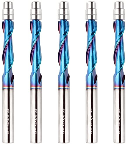 EANOSIC 5PCS Upcut Spiral Flush Trim Router Bit, 1/4 Inch Shank Solid Carbide Flush Trim Router Bits CNC Spiral Bit with Nano Blue Coating(1/4 Shank Up-Cut)