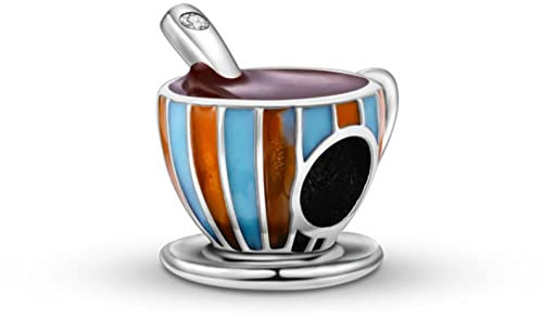 M&S Hot Chocolate Coffee Charm Tea Cup Soup Spoon Love Charm Crystal Bead Pendant, 925 Sterling Silver Dangle Charm, Compatible With Pandora & European Bracelet …