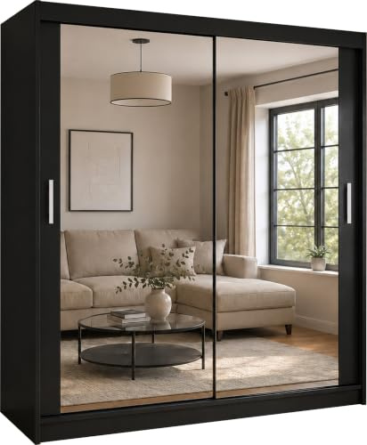Samsun Modern Double Sliding Mirror Door Wardrobe Bedroom with Adjustable Hanging Rails, Shelves Storage Cupboard For Home Furniture (Black, 180cm)