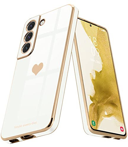 Teageo Kompatibel mit Samsung Galaxy S22 5G Hülle, Süße Herz Mädchen Handyhülle Luxuriös Galvanisierte Glitzer Weich TPU Kameraschutz Kratzfest Stoßfest Schutzhülle für S22 5G, Weiß