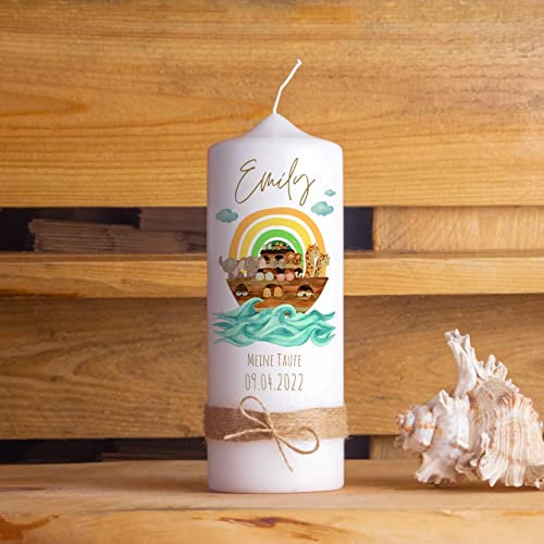 Taufkerze | Arche Noah Regenbogen | 15-30 cm Höhe | Personalisierte Kerze | Regenbogen | Evangelisch | Katholisch