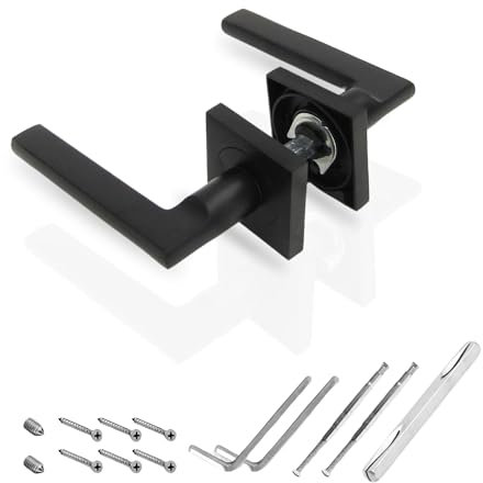 AZERODESIGN- Manillas Puertas Interior- Manetas Puertas Interior Casa- Juego Manillas Puerta Madera- Color Negro- Roseta Cuadrada 50x50mm, Cuadrillo 8mm Mango -Manija 120mm Largo (ROSETA CUADRADA)