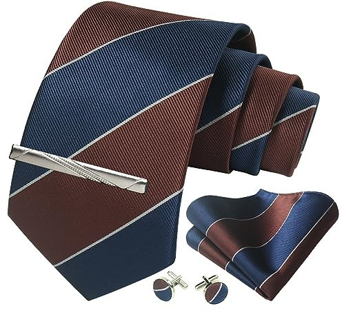 CWKOON Herren-Krawatte, gestreift, kariert, gepunktet, formelle Krawatte, Einstecktuch, Krawattenklammern, Manschettenknöpfe, klassisches Set, Marineblau, Braun, Einheitsgröße