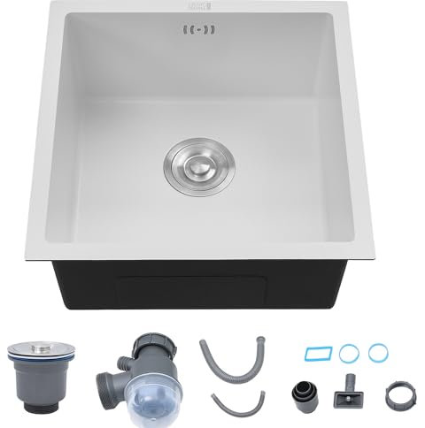 Warmiehomy Kitchen Sink 304 Stainless Steel Sink 44x44x21cm Single Bowl Sinks with Drainer Kit Undermount and Topmount Small Sinks for Kitchen, Bar, Campervan