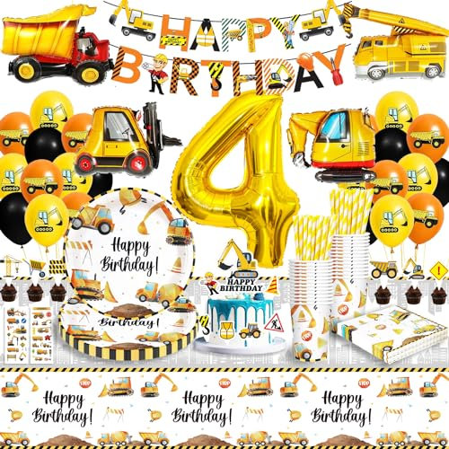 Bagger Partygeschirr Kindergeburtstag 4 Jahre - Geburtstag Deko Junge Mit Luftballons, Pappteller, Tischdecke für 16 Gäste