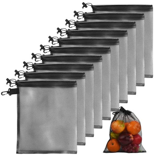 PTJJXA 10 Pcs Sacs en Maille avec Cordon de Serrage, Sac en Filet avec Clip, Poches Organisateur en Nylon pour Golf Jouets de Plage Plongée Tennis Voyage Noire 25X30cm