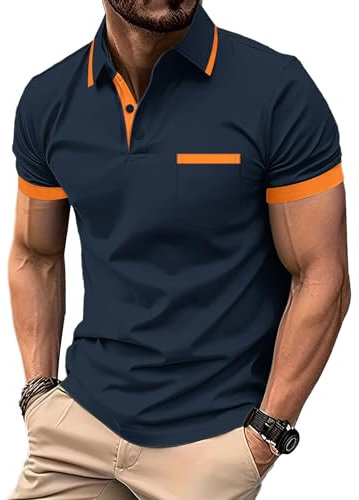 zitysport Poloshirt Herren Kurzarm Shirt Atmungsaktives Golf Polo Shirt Männer Sommer Shirts Sport Basic Slim Fit Tshirt mit Brusttasche Polohemd(Orange Marineblau-M)