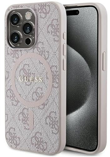GUESS GUHMP15LG4GFRP Custodia per iPhone 15 PRO 6,1 Pollici Custodia Rigida Rosa Collezione 4G Pelle Logo in Metallo