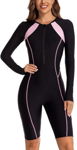 ECUPPER Womens One Piece Rash Guard Zip Up Swimsuit Long Sleeve Boyleg Athletic Surf Swimwear Short Wetsuit Built in Bra Black-4 Medium