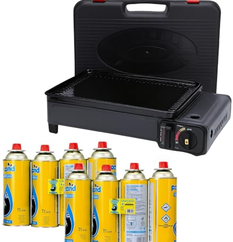 Portable Gas Stove Burner and 8 Gas Cans - Stainless Steel Compact Camping Stove - With Barbecue Grill Plate, Drip Tray, Tongs and Carrying Case for Outdoor BBQ, Picnics or Travel Cooking