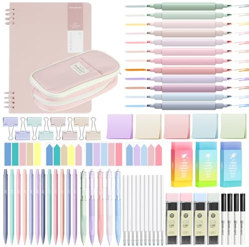 YIBONIKA 69 articoli estetici per la scuola con astuccio rosa, 12 evidenziatori pastello, 5 penne gel, 12 matite meccaniche 0,5 e 0,7 mm, quaderno, foglietti adesivi per scuola e ufficio