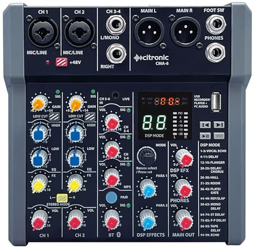 Citronic | CMA-6 Series Compact Mixer Audio Mixing Console: 99 Adjustable Digital Effects, Bluetooth Receiver, USB mp3 Audio Player/Recorder & More | 2 Mono + 2 Stereo