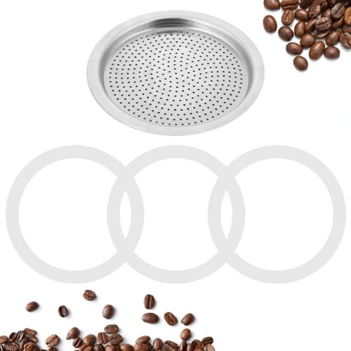 4PCS Espresso Maker Seal Replacement Washer and Filters, 1 Metal Filter and 3 Silicone Gasket Seals for Moka Express Dama Espresso Bialetti Pot (6 Cups)