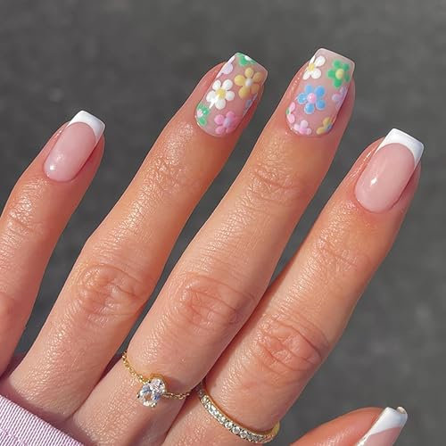 24 Pcs French False Nails, Square Tip Nude Pink and White Border Designs with Round diamond, Removable Glue-on Nails Stick on Nails, Acrylic French Fake Nails for Women and Girls Nail Art Accessories