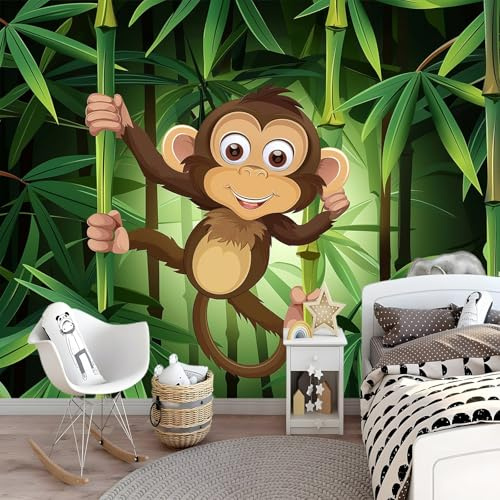 Fototapete Vlies Tapete Cartoon-Affe, Fototapeten Vliestapete, Tapeten Wandtapete Dschungelpflanze Grün, Wohnzimmer, TV Hintergrund Wandtapete, 3D Effekt Poster Bilder Wand Deko, 250 x 175 cm