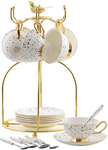 Coffee Mug Tea Cup Espresso Cups and Saucer Set Colored Spots Ceramic Coffee Cups with Metal Organizer Rack