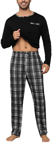 Litherday Pyjama Homme Hiver Pyjama Homme Coton à Ensembles de Pyjama Manches Longues Vêtements De Nuit pour Hommes Deux Pièces Pantalon et Haut à Carreaux Noir XL