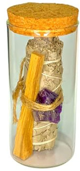 Kit Energético - Limpieza Energetica y Meditación, Palo Santo, Salvia Blanca, Cuarzo Rosa o Amatista, Envase Vidrio con Tapa de Corcho - Sálvia Branca, Pedra energética Quartzo Rosa ou ametista