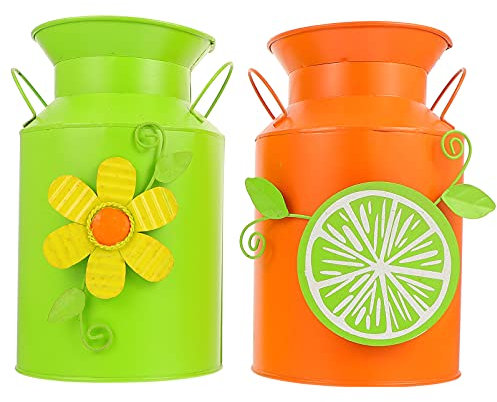 2pcs Rustic Flower Vase Iron Art Cute Vase Mini Milk Can Jug Decorative Pitcher Vase for Garden Home Farmhouse Decoration Green Orange vase