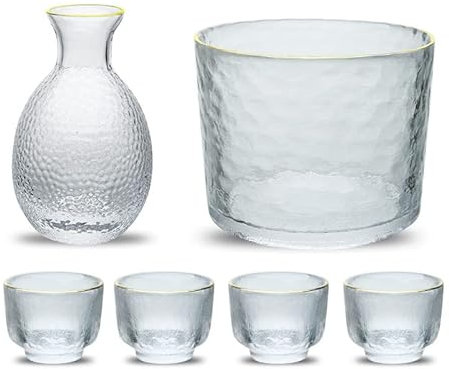 RUHEN Juego de 6 Piezas de Sake de Vidrio, Botella de 300 ml y 4 Tazas de Sake, 1 Tanque de Sake, Jarra de Sake fría, Tibia y Caliente, decoración del hogar, Manualidades
