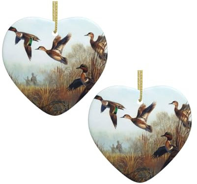 Herzförmige Keramik-Anhänger in Herzform mit Jagd-Motiv, Weihnachtsbaumschmuck, personalisierbar