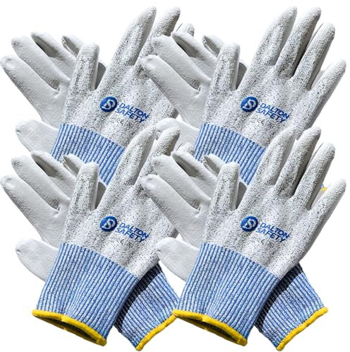 Dalton Safety 4 Pairs Of Medium Cut Resistant Level 3 Work Gloves, HPPE Knitted Cuff, PU Coated Palm & Fingertips. Perfect For General Duty, Gardening, Glass Cutting & Sheet Metal Handling