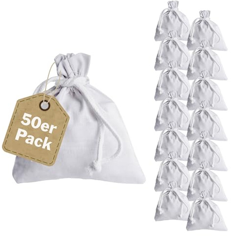 SPRINTIS Baumwollsäckchen 10 x 13 cm (50 Stück), weiße Stoffsäckchen mit Kordelzug, 100% Baumwolle, Geschenkbeutel für Adventskalender und Schmuck