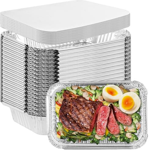 SENENQU 50PZ Bandejas Aluminio Desechables Grandes 1900ml con Tapa - Bandejas Desechables Aluminio Cuadradas para Horno, Asar, Vocinar - 26x19.5x6.5CM