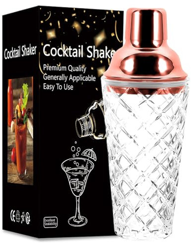 Dzmuero Shaker cocktail, Shaker inox, Shakers à cocktails, Mixeur en verre, couvercle en acier inoxydable, avec couche filtrante, scellé et durable, antidérapant, pour la maison et le bar (Or rose)