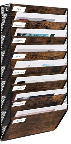 EasyPAG 8 Compartiments Assembler Métal Bois Porte Revue Mural Porte Document Suspendu A4 Organisateur de Bureau à Suspendre Banette de Rangement Range Papier Corbeille a Courrier Murale