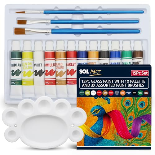 SOL 12pc Glass Paints with 1x Palette and 3x Assorted Paint Brushes - Glass Paints Set for Wine Glasses, Jars, Mirrors, Picture Frames, Candle Holders and Craft Paint for Garden Ornaments