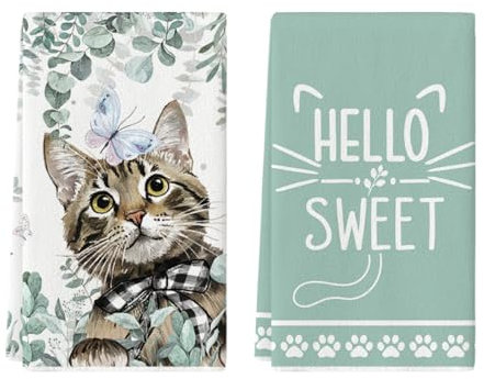 Artoid Mode Katze Schmetterlinge Eukalyptus Frühling Küchentücher Geschirrtücher, 42x65 cm Sommer Hello Sweet Dekoration Handtücher 2er Set