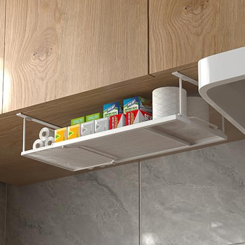 Pinkgarden Expandable Under Cabinet Organizer, Metal Hanging Storage Basket, Under Shelf Storage Basket for Kitchen, Laundry, Shoe, Office & Wardrobe Partition, White