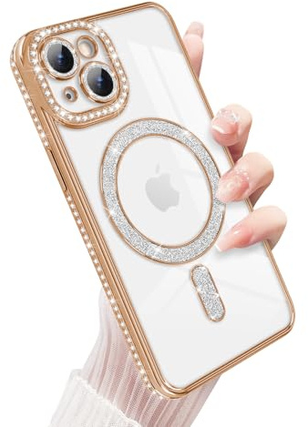 Newseego for iPhone 14 Case Magnetic Glitter Clear, Gold | Compatible with MagSafe, Bling Diamonds, for Girls Women, Soft TPU, Slim Fit, Shockproof Cover, Full Camera Protection