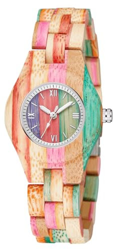 Tiong Damen Holzuhr Bunte Bambusholz Quarzuhren Holz Damenuhren Analoge Römische Ziffern Holzuhren Holzuhr für Frauen