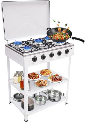 Hornillo de gas natural con tapa de 5 fuegos, 2,5 kW, horno de gas portátil, estufa de gas con soporte extraíble para camping al aire libre, color blanco