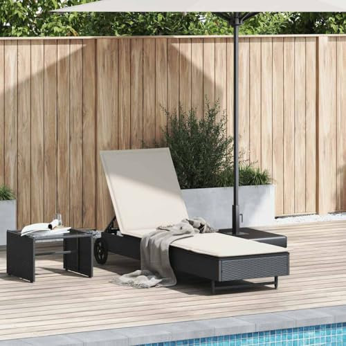 Myheimly Sonnenliege mit Rollen und Auflage Schwarz Poly Rattan, Sonnenbett, Liege, Outdoor Chaiselongue, Gartenliege, Outdoor-Liege