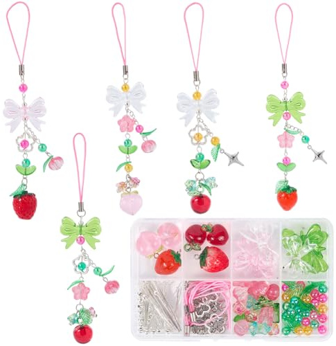 SUNNYCLUE 1 Box DIY 6 Sets DIY Handy Anhänger Set Harz Erdbeer Anhänger Süße Kawaii Essen Pfirsiche Blatt Frühlingsblume Anhänger Handyband Für Frauen Und Erwachsene Schlüsselband Schlüsselanhänger Ha