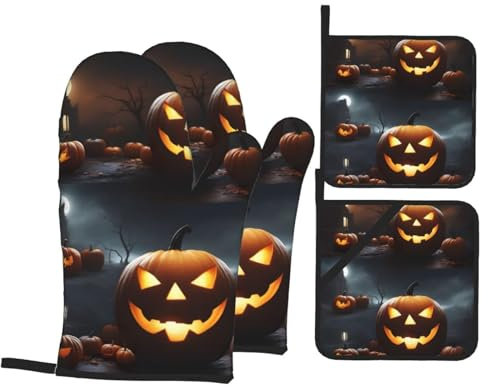 Halloween Pumpkin Oven Mitts and Pot Holders Set of 4, Kitchen Gloves Heat Resistant Home Essentials