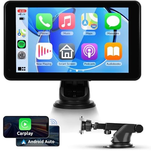 Portable Wireless Carplay Screen Android Auto Portable Car Radio Car play, 7 HD IPS Touch Screen Bluetooth FM Transmitter Mirror Link OTA SuperLink AUX 7-32V