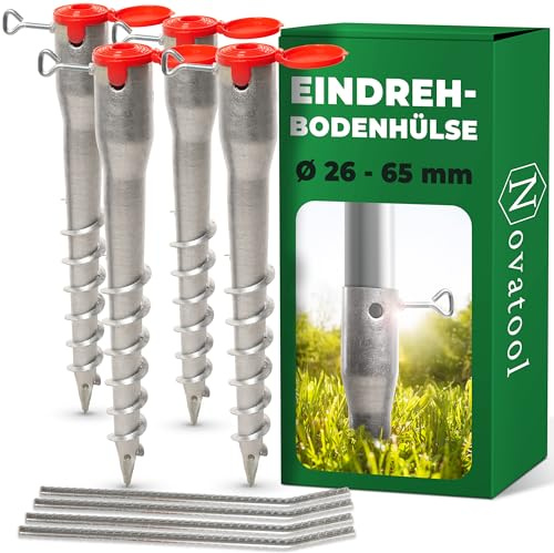 Novatool 4X Eindrehbodenhülsen-Set für Rohre mit Ø 26-65 mm, Bodenhülse Sonnenschirm Pfostenträger Einschraubhülse Boden Schraubhülse, Alternativ zu Bodeneinschlaghülse Einschlagbodenhülse
