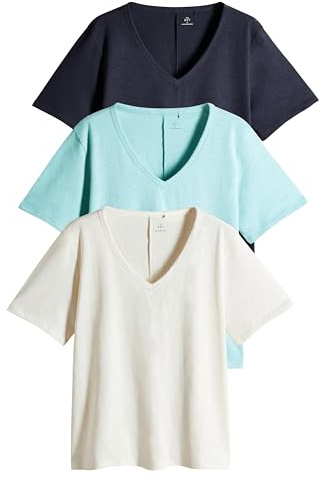 THE SET Mujeres Pack de 3 Camisetas con Cuello de Pico 100% algodón Jaspeado Navy/Light Blue/Cream M