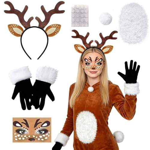 Karneval Reh Kostüm Tierkostüm Accessoire Damen 6 Stück mit Rentier Haarreif Reh Tattoo Gesicht Schwanz Handschuhe Plüschbauch, Lustiges Rehkostüm für Karneval Cosplay Party Maskerade Mottoparty