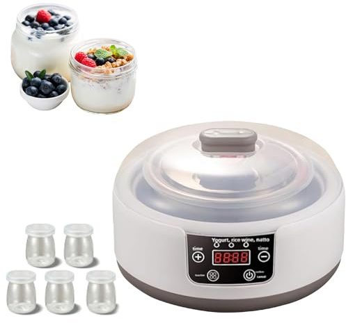 Yaourtière 1200ml, Yaourtière Avec Écran Numérique, Yaourtière Multifonction Avec Écran LED Et Fonction Minuteur, Chauffage PTC, Yaourtière À Probiotiques Avec 5 Pots (Blanc)